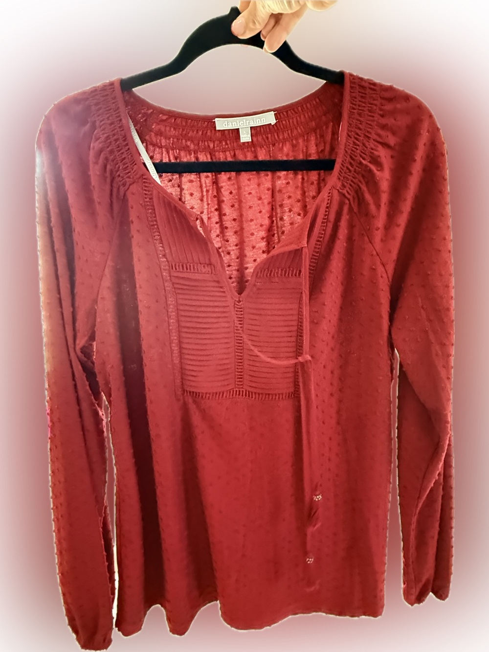 Daniel Rainn Burgundy Long-Sleeve Swiss Dot Peasant Blouse